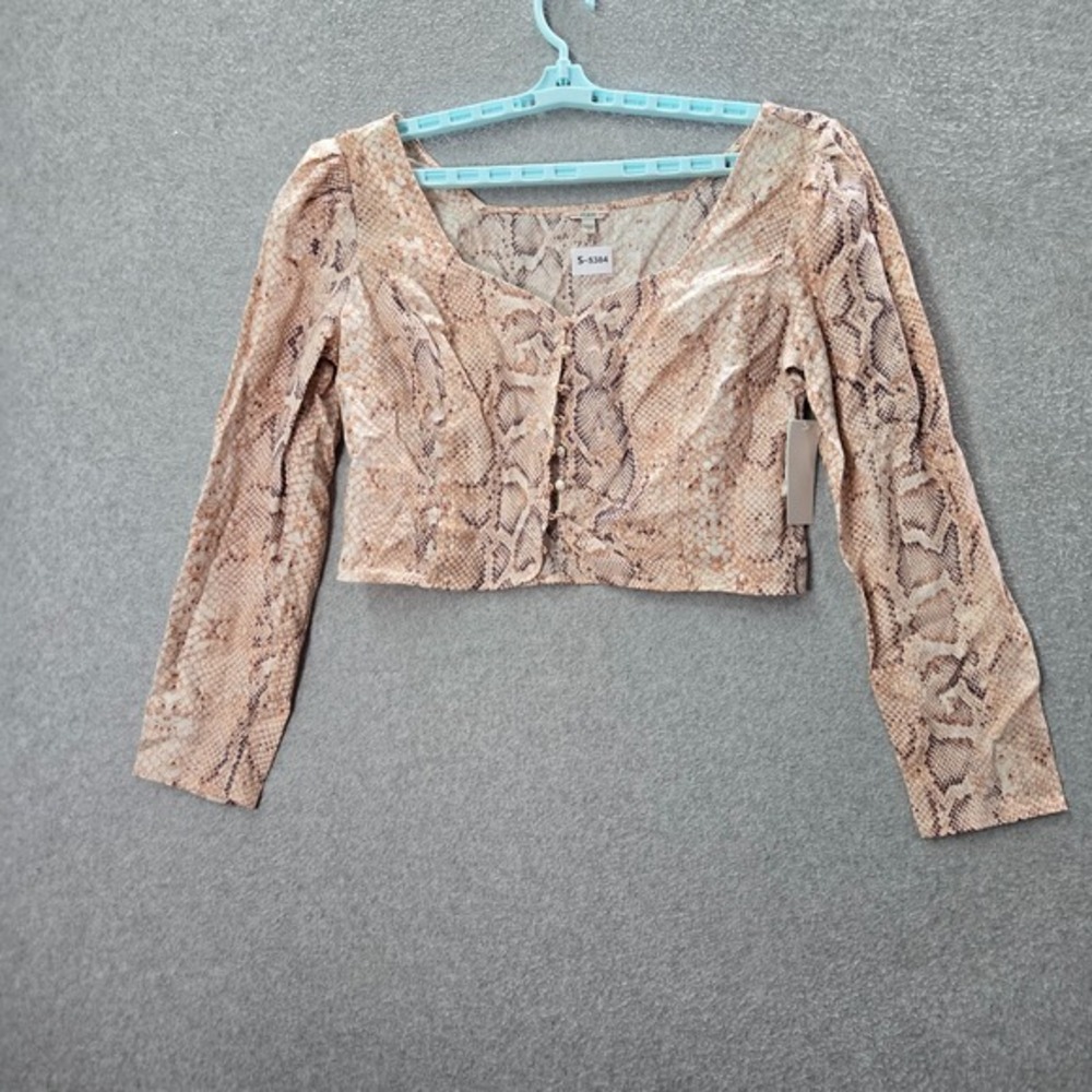 Guess Women Top Large Beige Snakeskin Print Telana Cropped Linen Button Up NWT‎